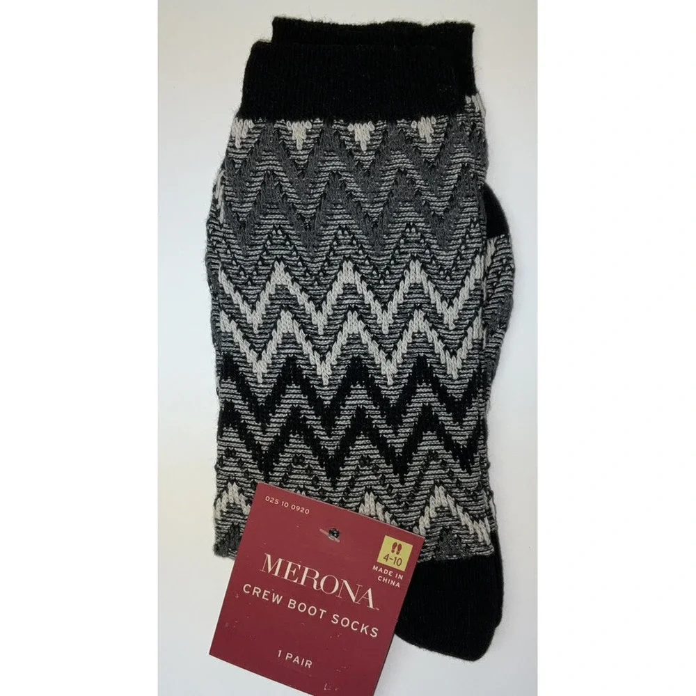 NWT 3 Pairs Merona Women Crew Boot Socks Various Patterns Black Gray Tan Sz 4-10